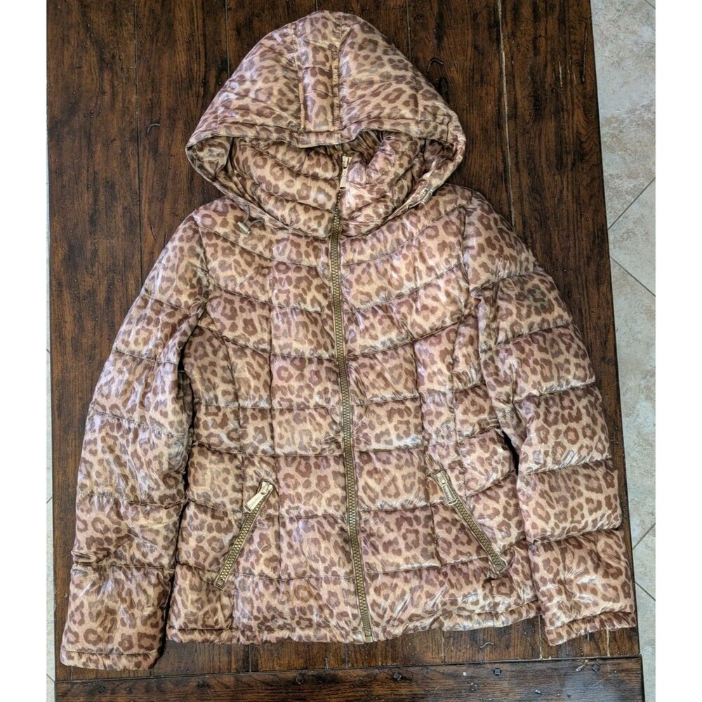 Calvin Klein Leopard Print Packable Down Puffer Jacket Women’s M Hooded Coat